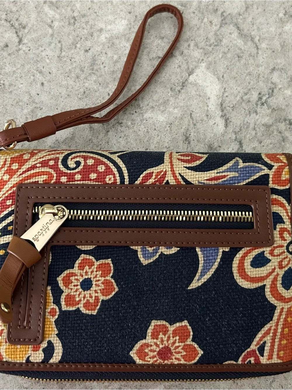 Spartina 449 Navy Floral Wristlet with Brown Trim